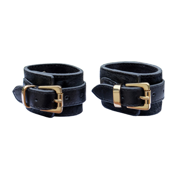 Pony Leather Cuffs with Padlocks Black