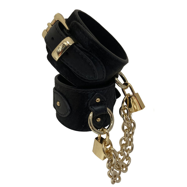 Pony Leather Cuffs with Padlocks Black