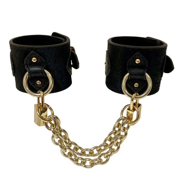 Pony Leather Cuffs with Padlocks Black