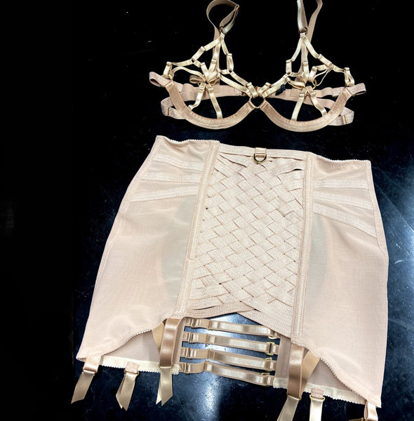 Vintage peach fetish lingerie flat view on table